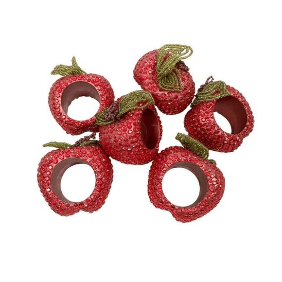 Set of 6 Bejeweled Apple Napkin Rings Kitchen Table Decor Beaded Summer Fall - Picture 1 of 10